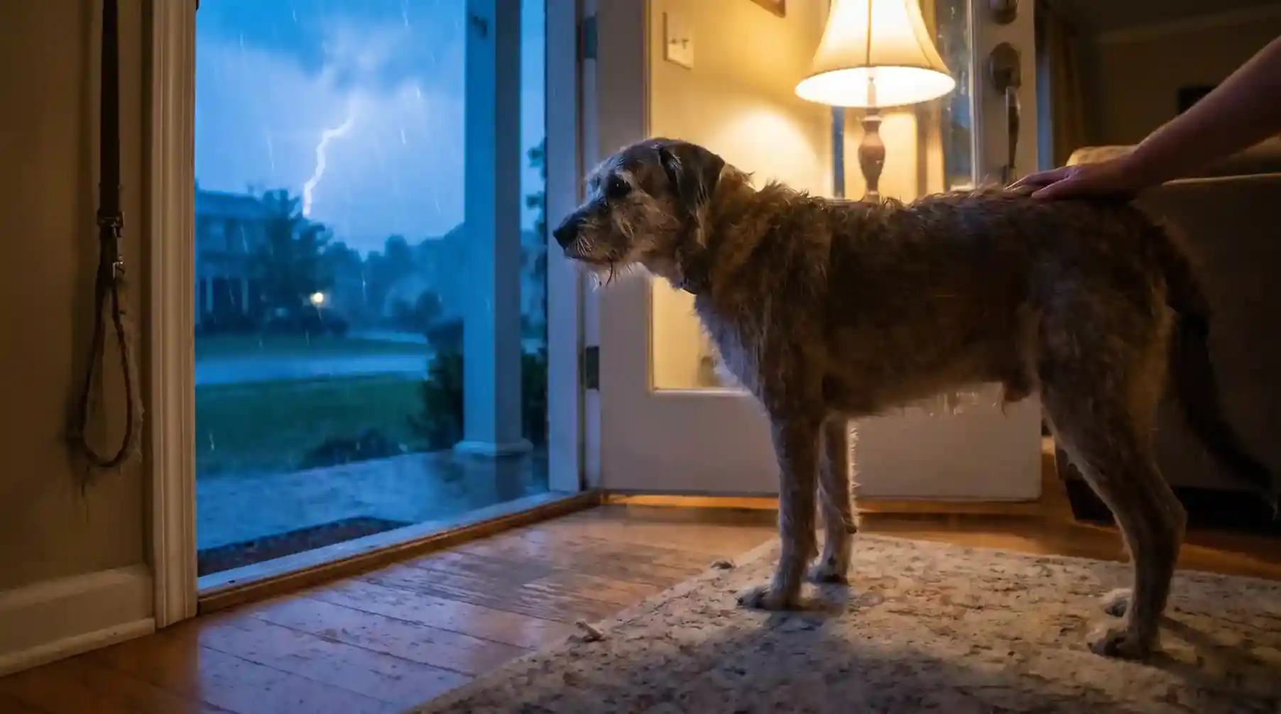 A dog standing safely indoors near a doorway while a thunderstorm rolls past a window, with warm lamplight and a calm room setup.