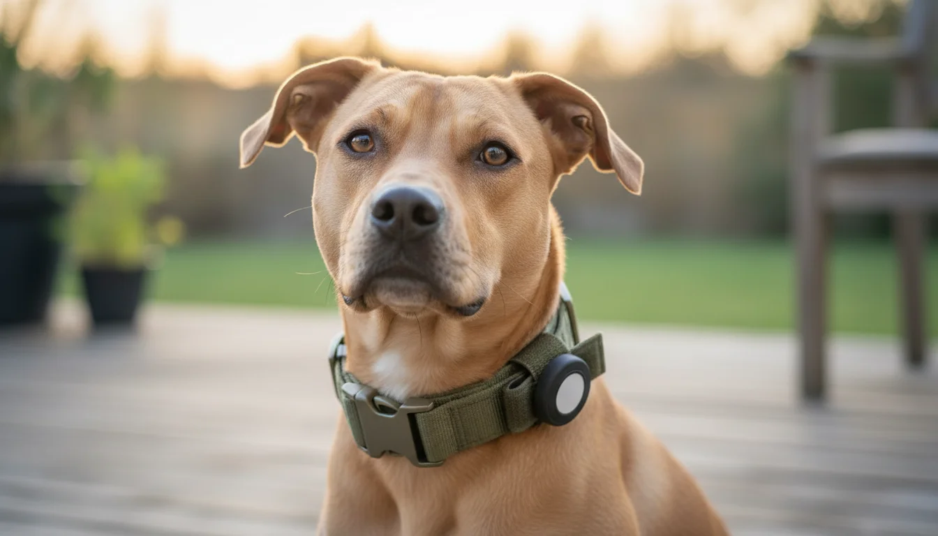 Close-up of a dog wearing a collar with an AirTag holder attached, showing the secure fit
