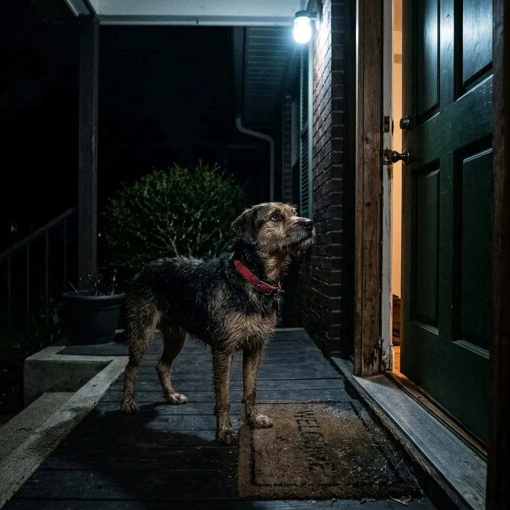 Dog standing alone on a road looking uncertain
