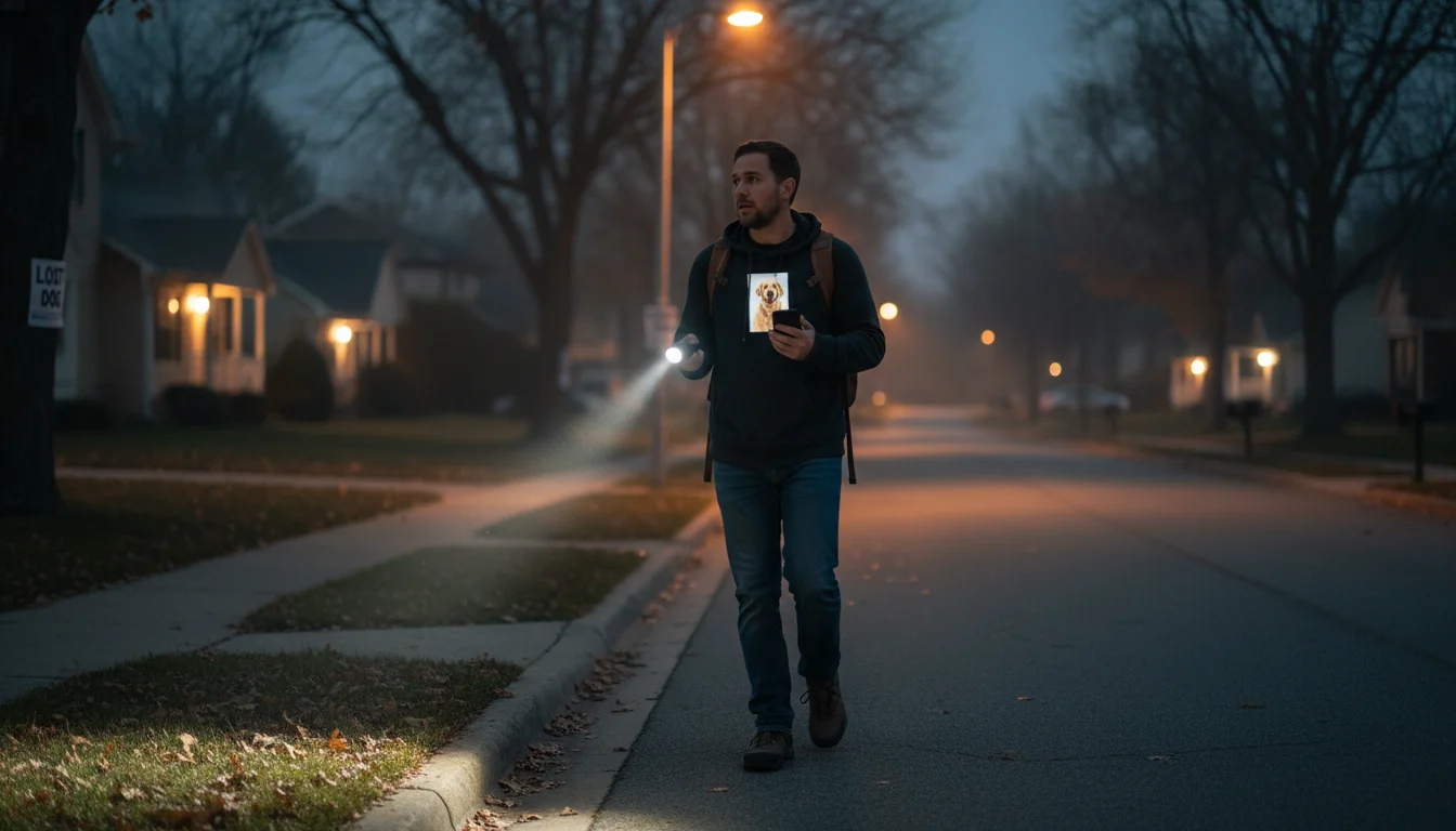 Person searching for their lost dog in a neighborhood with a flashlight at dusk
